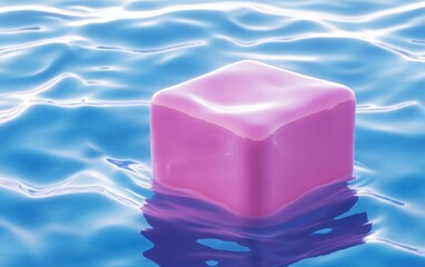 Pink cube on rippling water; abstract; 3D; digital art; for backgrounds, presentations, design; conceptual image; colorful