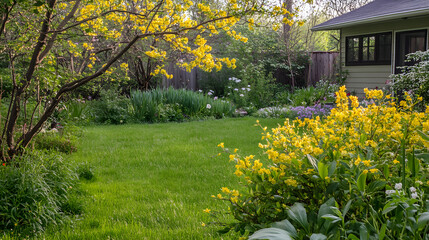 A forsythia bush with branches heavy with yellow blooms, surrounded by fresh green grass and early spring flowers.