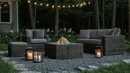 Cozy outdoor patio setup with furniture, firepit, & lights for relaxation/entertaining