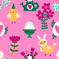 Easter chicken and eggs seamless birds pattern for wrapping paper and fabrics