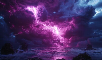 Fototapeta premium Electric purple lightning bolt tearing across a dark stormy sky, intense energy captured with sharp details and bold contrasts