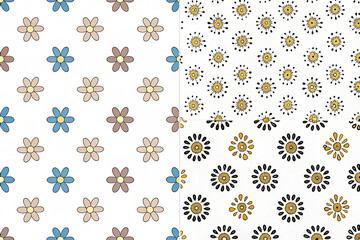 Two seamless patterns featuring simple flower designs; one with small daisies, the other with stylized suns.