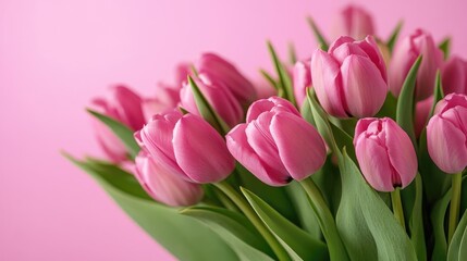 Obraz premium A fresh bouquet of tulips in full bloom, artistically set against a pastel pink background.
