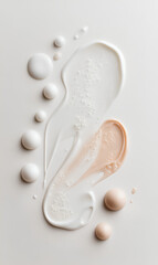 Artistic close-up of skincare and cosmetic serum textures in soft white and golden hues, featuring...