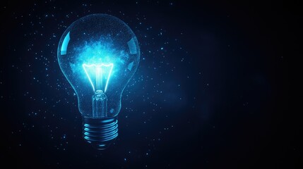 A futuristic blue hologram of a glowing light bulb, representing digital advancements in energy and ideas.