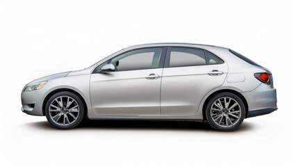 Fototapeta premium Silver Compact Car: Side View Isolated on White Background