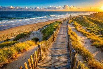 Coastal Footpath, Wooden Fence, Montalivet Dunes, France - Drone Aerial View