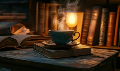 Rustic close-up of a steaming cup of coffee placed on a wooden table surrounded by books illuminated by warm light, evoking coziness and relaxation