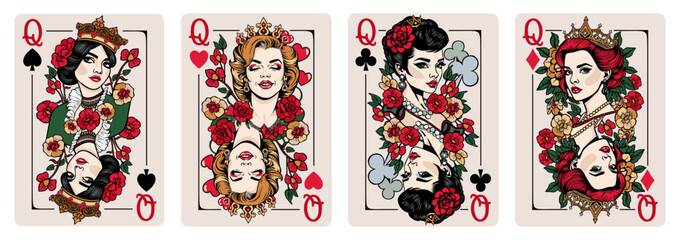 Queen of Spades, Queen of Hearts, Queen of Clubs and Queen of Diamonds. Playing cards vector set