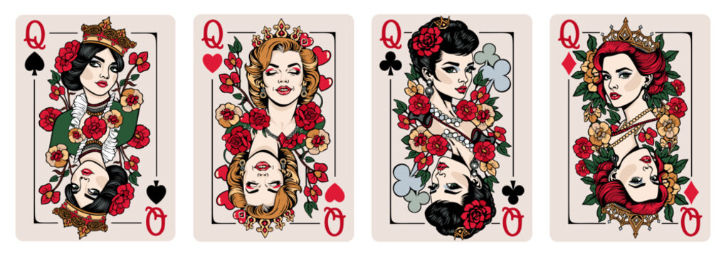 Queen of Spades, Queen of Hearts, Queen of Clubs and Queen of Diamonds. Playing cards vector set