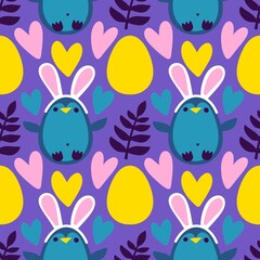 Easter animals seamless penguin and eggs pattern for wrapping paper and fabrics and linens and spring kitchen textiles