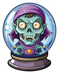 A decaying zombie fortune teller, eyes hollow, peers into a cracked crystal ball, revealing a ghostly, spectral future.  Dark, moody lighting.