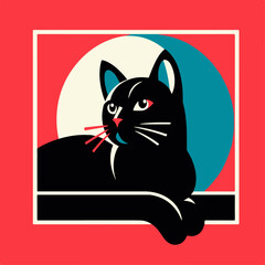 Black cat minimal graphic illustration serigraphy style on Red background 