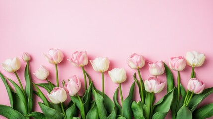 Obraz premium A graceful and artistic display of tulips in full bloom, arranged on a pastel pink background.