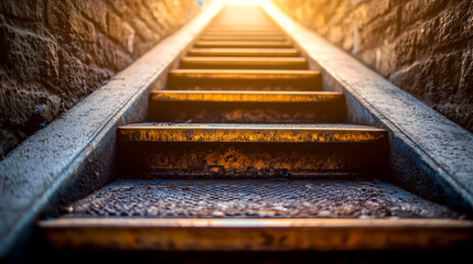 A weathered staircase ascends towards a bright, beckoning light at the top, surrounded by aged stone walls. Hopeful ascent. © ABF_MATEO