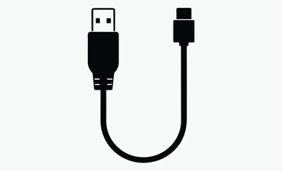 USB cable silhouette, charging cord vector, black and white icon