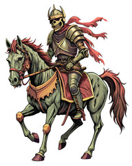 A decaying, undead knight atop a skeletal steed, rendered in a vintage woodcut style, dark and dramatic, emphasizing texture and detail.