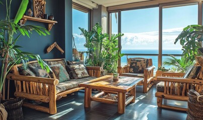 Obraz premium The living room in this condo, featuring wooden furniture, a table, and an ocean view, is filled with plants to enhance its cozy feel.