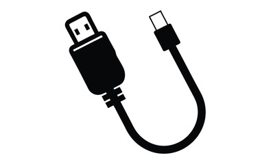 USB cable silhouette, charging cord vector, black and white icon