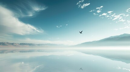 A solitary bird flying across an empty sky, capturing a vast sense of space and simplicity with clear, unobstructed lines.