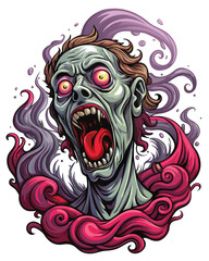 A horrifying close-up of a screaming zombie whose mouth spirals into an abyss, showcasing decaying flesh and sharp teeth.