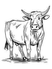 Fototapeta premium Young cow standing on a grassy field with a calm demeanor during a sunny day in a rural setting