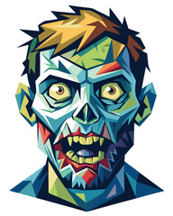 Render a zombie's face, fragmented and distorted into a Cubist style, emphasizing geometric shapes and angular features.  Retain recognizable zombie traits.
