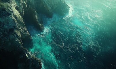 Obraz premium Scenic aerial view of a turquoise coastline with rugged cliffs, soft natural light enhancing the vivid blue and green tones creating a breathtaking seascape