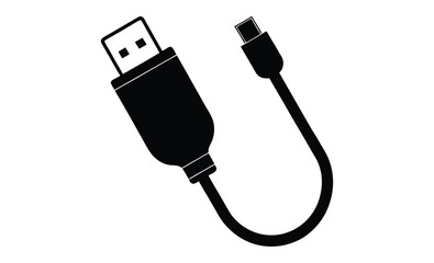 USB cable silhouette, charging cord vector, black and white icon