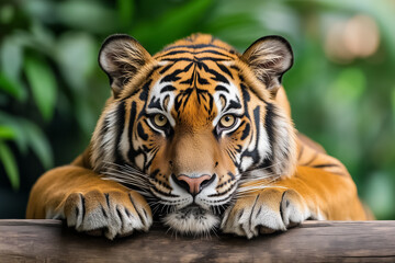 With its striking features and vibrant colors, the Bengal tiger lies elegantly, displaying a fierce spirit while surrounded by rich greenery. Its eyes capture the essence of untamed wilderness