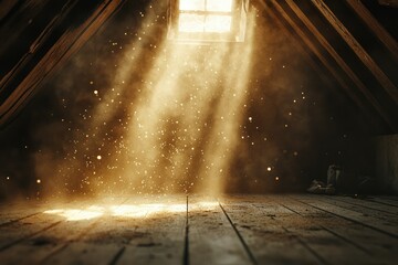 Sunbeams illuminate a dusty attic's wooden floor and rafters, creating a magical atmosphere.
