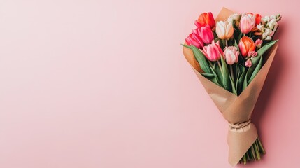 A lush bouquet of multicolored tulips wrapped in kraft paper, placed on a soft pink background for a modern floral look.