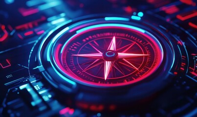 High-tech neon compass glowing in vibrant red and blue hues, guiding through a futuristic digital landscape.