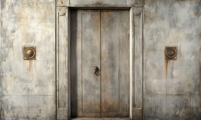 This series of 3 canvases presents a concrete wall with volumetric stucco molding and antique bronze elements.