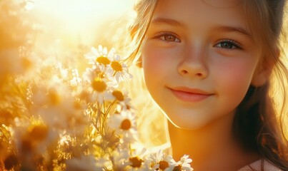 Fototapeta premium Close-up portrait of a young girl holding a bouquet of fresh flowers, soft golden light illuminating her cheerful expression, clean and vibrant, sharp and natural