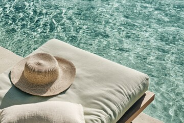 A straw hat rests on a light green cushioned lounge chair by a turquoise pool, idyllic summer scene.