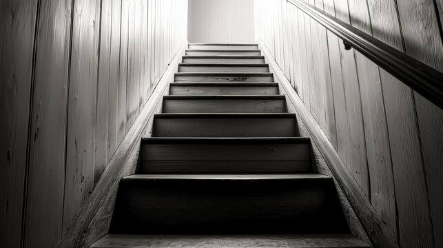 A stark black and white photograph of a wooden staircase ascending into a bright, indeterminate space. The staircase is illuminated by a bright light.  