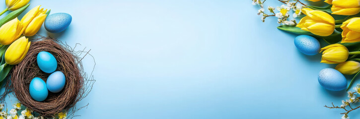 Obraz premium Tulip flower and easter eggs on blue background 