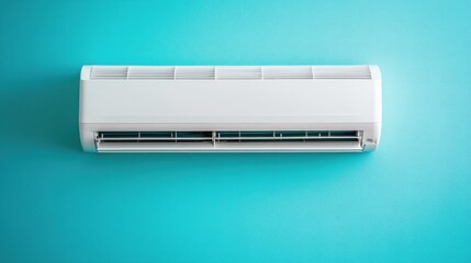 A modern ductless mini-split air conditioner installed in a minimalist setting, showcased on a pastel blue background for a refreshing aesthetic.
