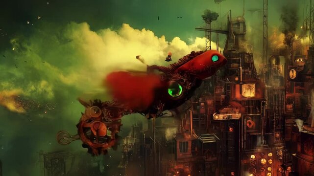 Steampunk Bird Over Industrial Cityscape: A Fantasy Flight