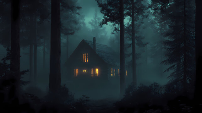 A dark, atmospheric scene featuring a secluded cabin surrounded by tall trees, illuminated by soft lights in an eerie, misty environment. Silence - Desert. Illustration