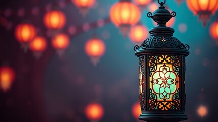 Obraz premium Elegant Lantern with Warm Glow Among Festive Lights