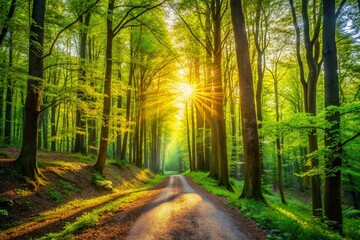 Obraz premium Cool Spring Day Forest: Lush Green Trees, Sunlight Dappled Path