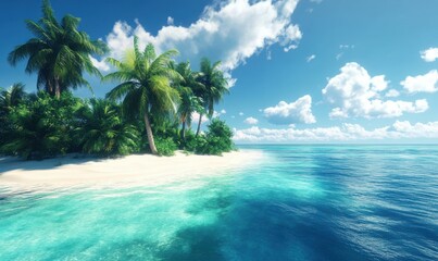 Fototapeta premium Vibrant tropical island with white sand beaches surrounded by crystal-clear turquoise waters, captured under bright sunlight. Bold tones evoke paradise,