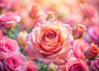 Obraz premium Coral Rose Bloom: Top View Soft Focus Pink Rose Garden Background - Copy Space Stock Photo