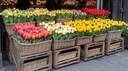 Fototapeta premium Colorful tulips displayed beautifully in woven baskets at a shop
