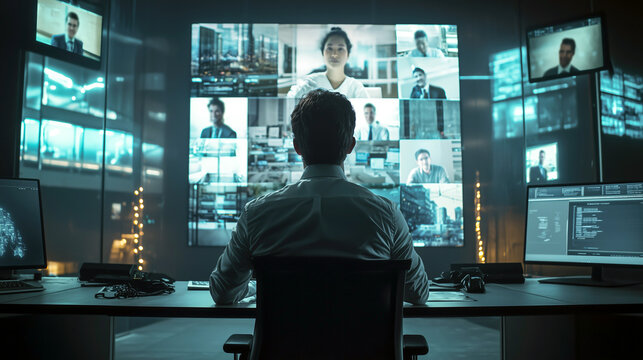 Man monitoring a large screen displaying multiple video feeds, sitting at a desk with computer monitors in a dark room.