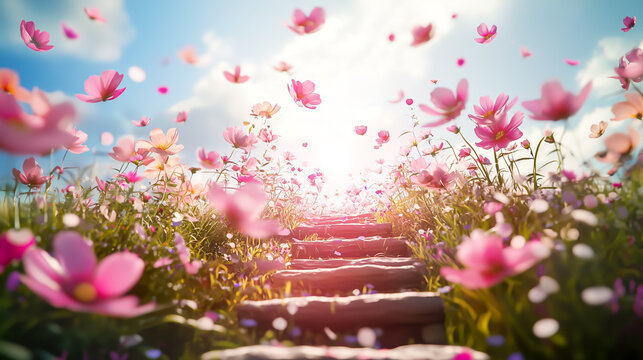 Stone steps lead through a field of pink flowers under a sunny, partly cloudy sky, creating a dreamy and serene pathway.