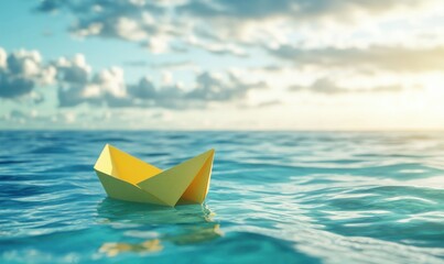 Serene scene of a yellow paper boat floating peacefully on a turquoise ocean under soft sunlight, evoking simplicity and imagination.
