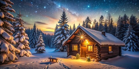 Fototapeta premium Cozy Log Cabin Winter Wonderland: Starry Night, Snowy Trees, Twinkling Lights Holiday Scene